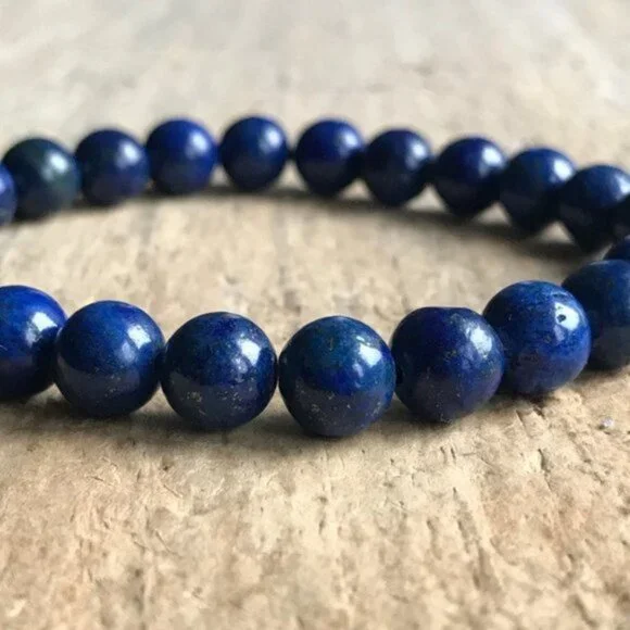 Men's Lapis Lazuli Beaded Gemstone Stretch Bracelet - 8mm Beads - Picture 3 of 5